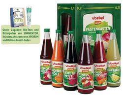 Sechs Gemüsesäfte in einem Fastenkasten von Voelkel