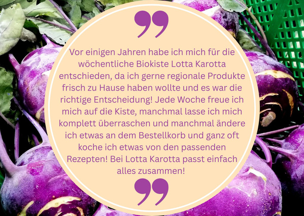 KI generiert: Lila Kohlrabi im Hintergrund, Text lobt regionale Biokiste "Lotta Karotta".