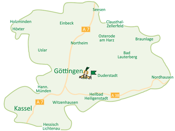 KI generiert: Karte der Region um Göttingen mit Straßen, Städtenamen und Autobahnen A7, A38. Enthält Text: "Göttingen".