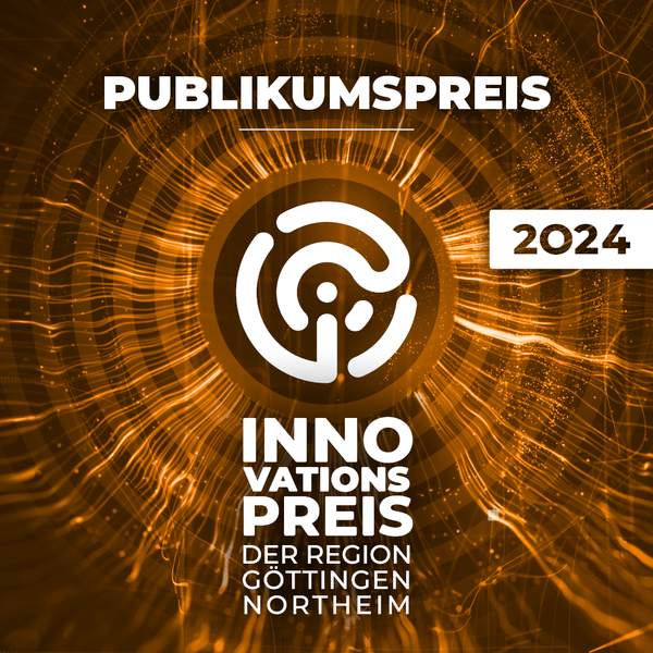 KI generiert: Das Bild zeigt das Logo des Innovationspreises der Region Göttingen Northeim für das Jahr 2024 mit dem Hinweis auf den Publikumspreis in einem futuristischen, orangefarbenen Design. Der Hauptinhalt ist die Ankündigung des Preises.
