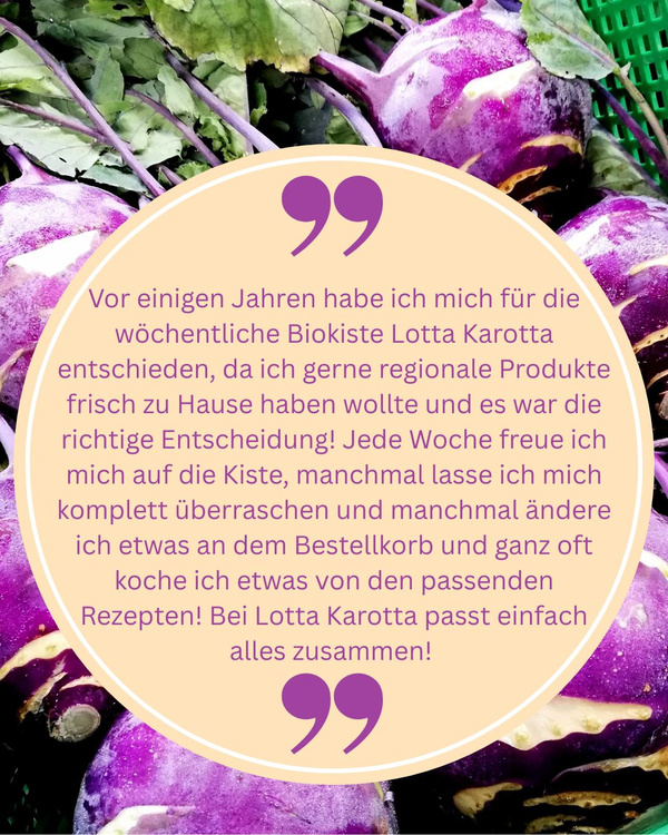 KI generiert: Das Bild zeigt lila Kohlrabi mit einem Text über die wöchentliche Biokiste Lotta Karotta.