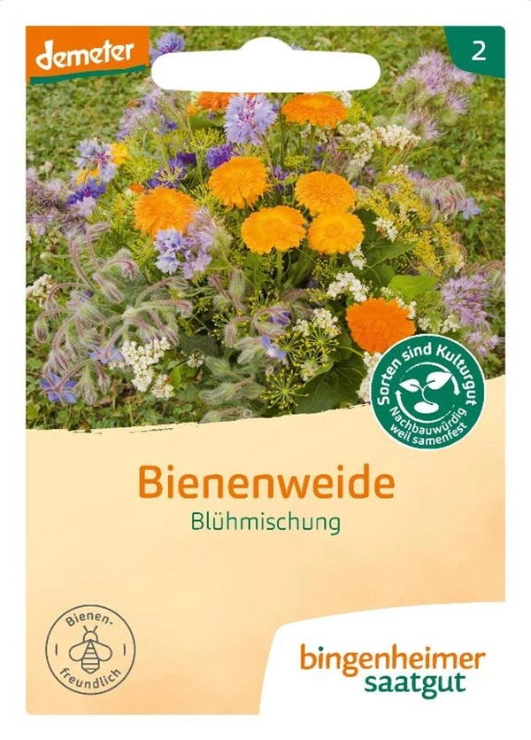 KI generiert: Saatguttüte mit Blumenbild. Text: "Bienenweide Blühmischung, bingenheimer saatgut".