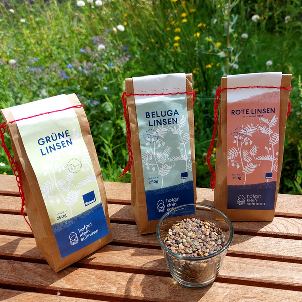KI generiert: Drei Verpackungen mit "Grüne Linsen", "Beluga Linsen", "Rote Linsen" auf einem Tisch im Freien.