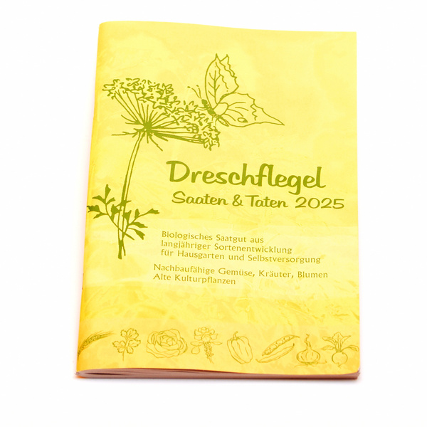 KI generiert: Das Bild zeigt das Deckblatt eines Katalogs von „Dreschflegel“ mit dem Titel „Saaten & Taten 2025“. Der Katalog bietet Informationen über biologisches Saatgut für Hausgärten und Selbstversorgung an.