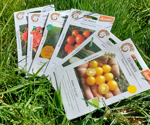 KI generiert: Samenpäckchen im Gras, Sorten: Fleischtomate, Kürbis, Buschtomate, Zucchini, Wildtomate, Golden Currant.