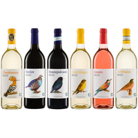 KI generiert: Sechs Weinflaschen mit Vogelillustrationen: Chardonnay, Merlot, Montepulciano, Pinot Grigio, Rosato, Trebbiano.