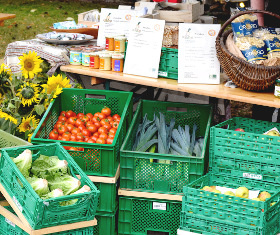 KI generiert: Frisches Gemüse in grünen Kisten auf einem Marktstand, mit Sonnenblumen und diversen Produkten im Hintergrund.