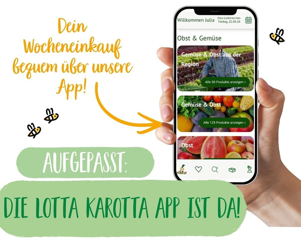 KI generiert: Ein Smartphone zeigt eine App für bequemen Wocheneinkauf. Text: "AUFGEPASST: DIE LOTTA KAROTTA APP IST DA!"