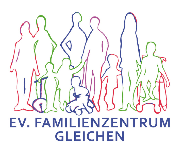 KI generiert: Bunte Umrisse einer Gruppe von Menschen, darunter Kinder und eine Person im Rollstuhl. Text: "EV. FAMILIENZENTRUM GLEICHEN".