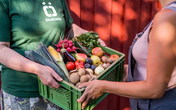 KI generiert: Zwei Personen übergeben sich eine Kiste mit frischem Gemüse und Obst. Text: "ökokiste".