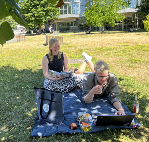 KI generiert: Zwei Personen entspannen im Freien auf einer Decke, lesen und arbeiten am Laptop. Snacks sind vorhanden.