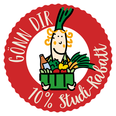 KI generiert: Ein gezeichneter Mensch mit Gemüsekorb, Text: "GÖNN DIR 10% Studi-Rabatt".