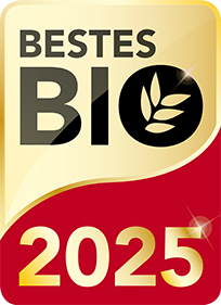 KI generiert: Ein Logo mit der Aufschrift "BESTES BIO 2025" und einem Blatt-Symbol.