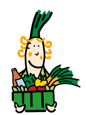 KI generiert: Eine Cartoonfigur hält eine Kiste mit verschiedenen Lebensmitteln.