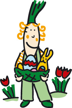 KI generiert: Eine Zeichnung zeigt eine Person mit einer Schale voller Ostereier und einem Hasen, umgeben von Blumen.