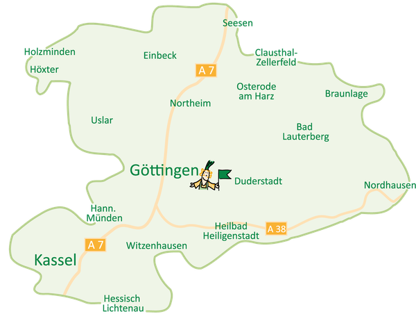 KI generiert: Karte der Region um Göttingen mit umliegenden Städten und Autobahnen A7 und A38.