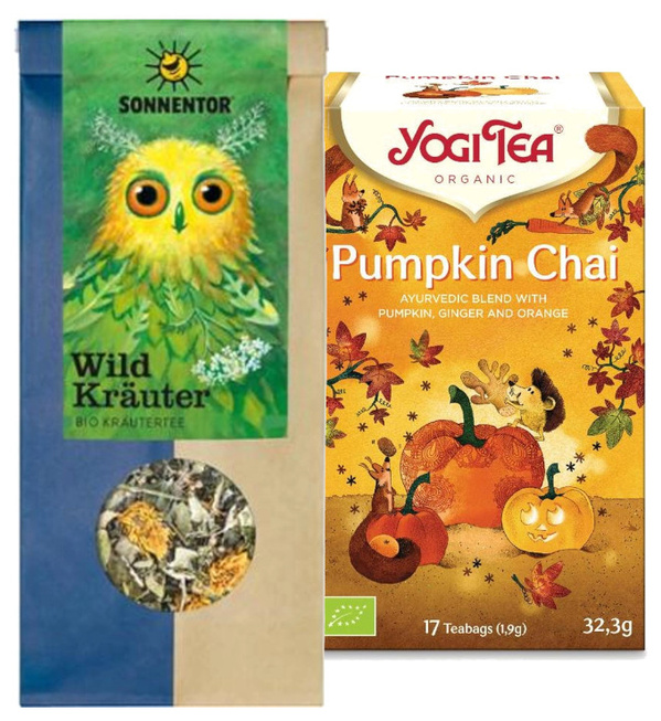 KI generiert: Das Bild zeigt Verpackungen von zwei biologischen Tees: Sonnentor Wildkräuter und Yogi Tea Pumpkin Chai.