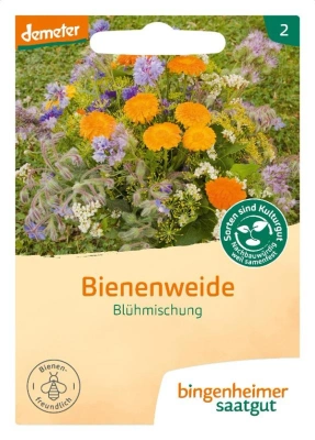 KI generiert: Ein Saatgut-Paket mit der Aufschrift "Bienenweide Blühmischung". Enthält bunte Blumen.