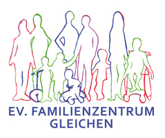 KI generiert: Bunte Umrisse einer Gruppe von Menschen, darunter Kinder und eine Person im Rollstuhl. Text: "EV. FAMILIENZENTRUM GLEICHEN".