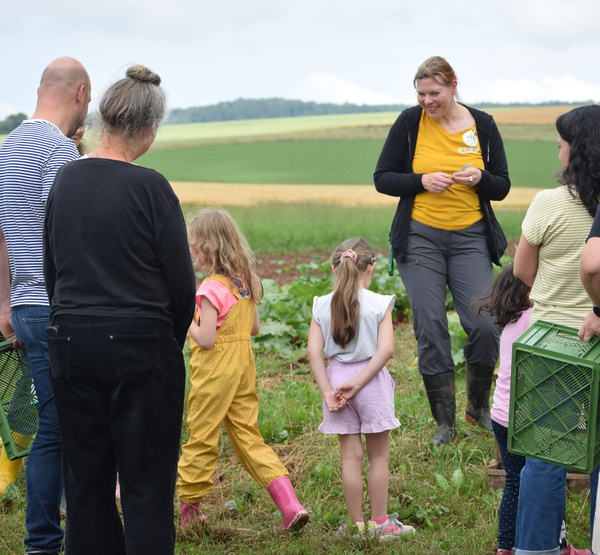 KI generiert: Eine Gruppe von Menschen steht auf einem Feld, einige mit Kisten.