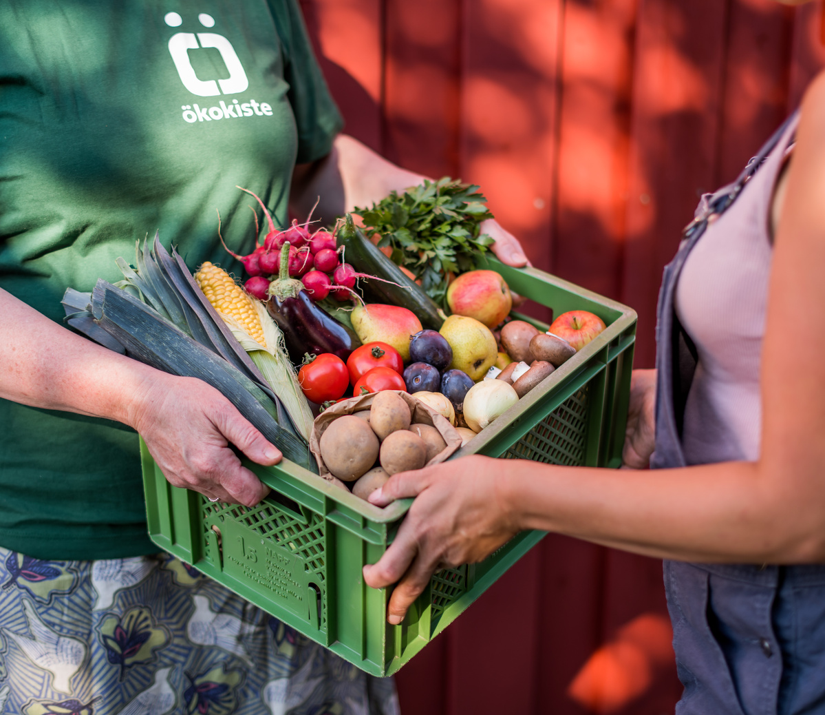 KI generiert: Eine grüne Kiste voller frischem Obst und Gemüse wird überreicht. Text: "ökokiste".