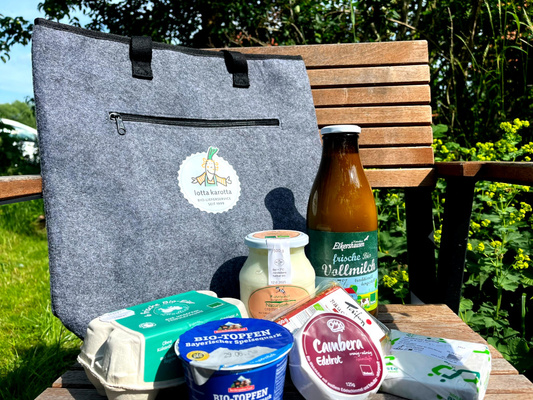 KI generiert: Eine Kühltasche mit Bio-Produkten wie Milch, Käse und Joghurt auf einer Bank im Freien. Text: "lotta karotta".