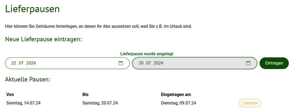Lieferpause eintragen