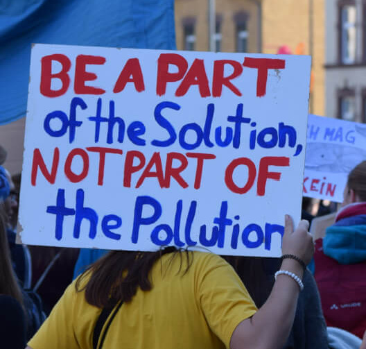 KI generiert: Person hält ein Schild: "BE A PART of the Solution, NOT PART OF the Pollution" bei einer Demonstration.