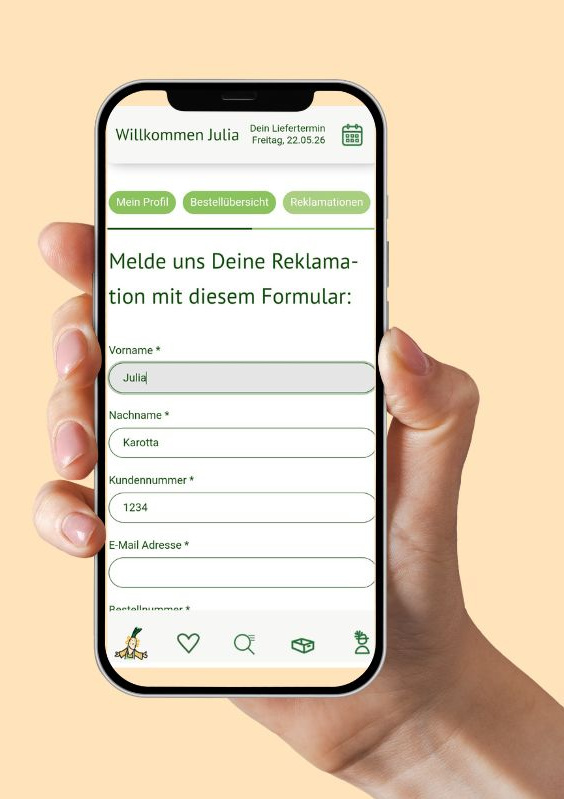 KI generiert: Ein Smartphone zeigt ein Reklamationsformular mit dem Namen Julia Karotta.