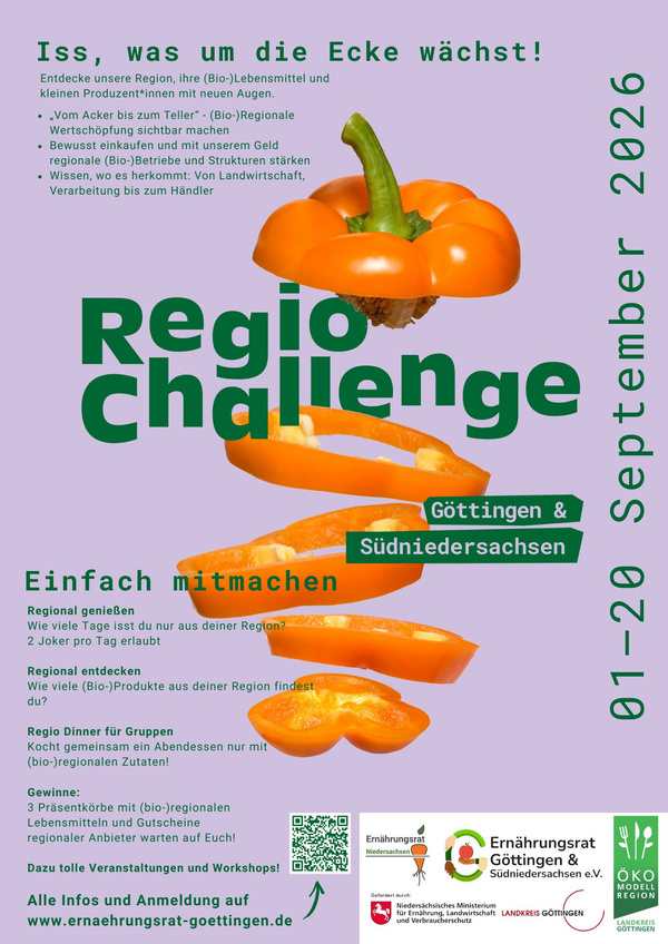 KI generiert: Eine Paprika bewirbt die Regio Challenge in Göttingen & Südniedersachsen vom 1.-20. September 2026. "Iss, was um die Ecke wächst!"