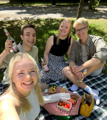 KI generiert: Vier Menschen genießen ein Picknick im Freien auf einer Decke mit Getränken und Snacks.