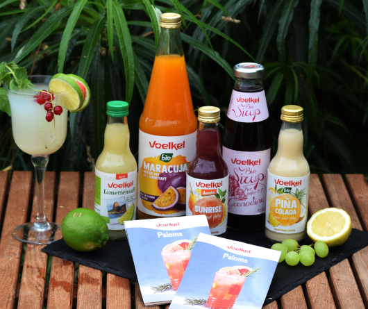 KI generiert: Verschiedene Voelkel-Getränkeflaschen und ein Cocktail auf einem Tisch mit Früchten und Palmenhintergrund.